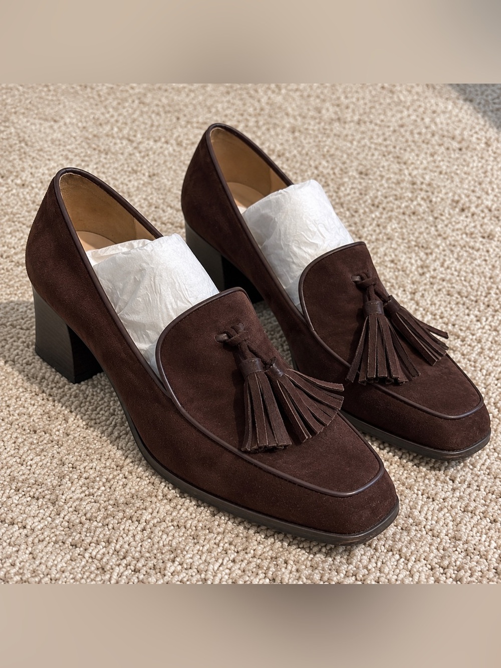 Kenneth Cole Brown Suede Tassel Loafer Heels Size 7.5